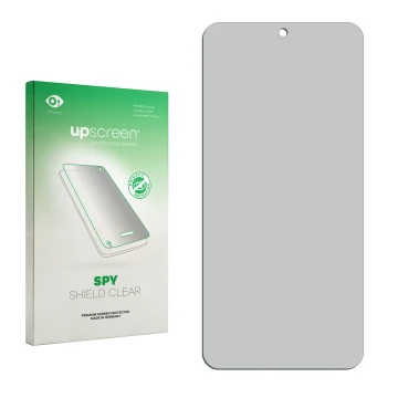 Face avant d’un emballage produit avec le logo de la marque upscreen. À côté se trouve la protection d’écran correspondante.