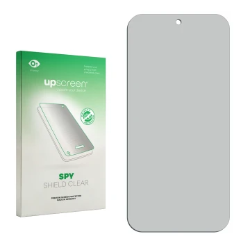 Face avant d’un emballage produit avec le logo de la marque upscreen. À côté se trouve la protection d’écran correspondante.