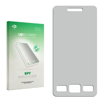 Face avant d’un emballage produit avec le logo de la marque upscreen. À côté se trouve la protection d’écran correspondante.