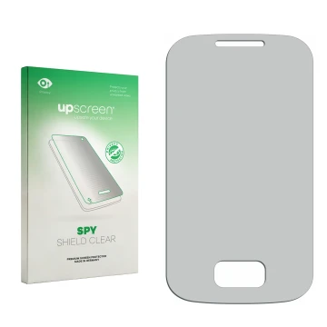 Face avant d’un emballage produit avec le logo de la marque upscreen. À côté se trouve la protection d’écran correspondante.