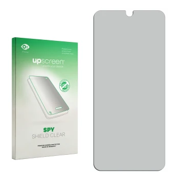 Face avant d’un emballage produit avec le logo de la marque upscreen. À côté se trouve la protection d’écran correspondante.