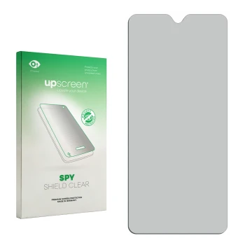 Face avant d’un emballage produit avec le logo de la marque upscreen. À côté se trouve la protection d’écran correspondante.