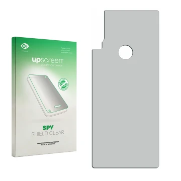 Face avant d’un emballage produit avec le logo de la marque upscreen. À côté se trouve la protection d’écran correspondante.