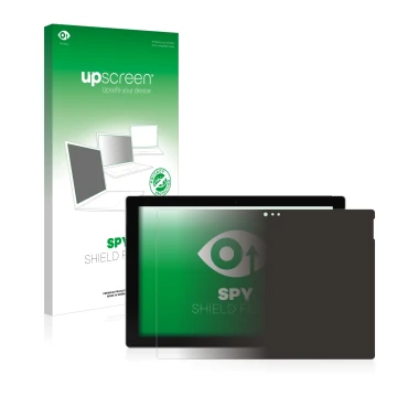 Face avant d’un emballage produit avec le logo de la marque upscreen. À côté, l’appareil Microsoft Surface Pro 3 est représent