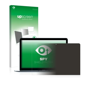 Face avant d’un emballage produit avec le logo de la marque upscreen. À côté, l’appareil Apple MacBook 12