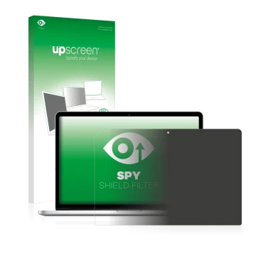 Face avant d’un emballage produit avec le logo de la marque upscreen. À côté, l’appareil Apple MacBook Pro Retina 15