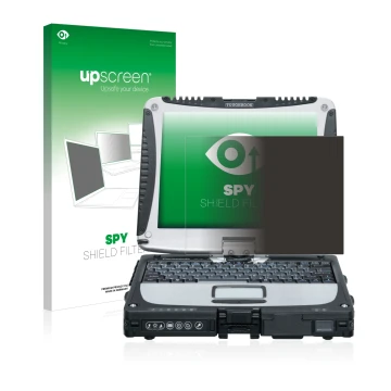 Face avant d’un emballage produit avec le logo de la marque upscreen. À côté, l’appareil Panasonic Toughbook CF-19 est représe