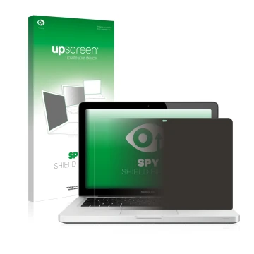 Face avant d’un emballage produit avec le logo de la marque upscreen. À côté, l’appareil Apple MacBook Pro 13