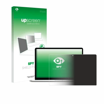 Face avant d’un emballage produit avec le logo de la marque upscreen. À côté, l’appareil Apple MacBook Pro Retina 15