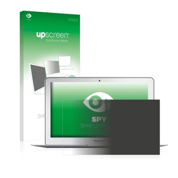 Face avant d’un emballage produit avec le logo de la marque upscreen. À côté, l’appareil Apple MacBook Air 11