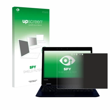Face avant d’un emballage produit avec le logo de la marque upscreen. À côté, l’appareil Toshiba Portege X20W-D-10V est représ
