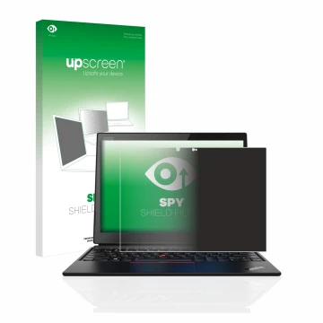 Face avant d’un emballage produit avec le logo de la marque upscreen. À côté, l’appareil Lenovo ThinkPad X1 Yoga (1ère Gen.) e