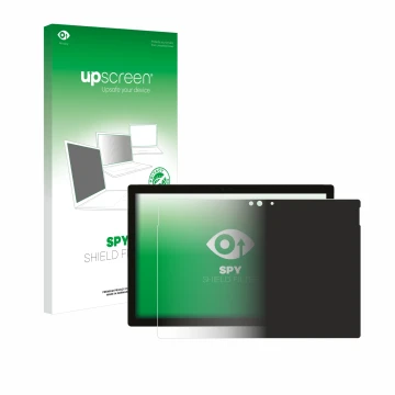 Face avant d’un emballage produit avec le logo de la marque upscreen. À côté, l’appareil Microsoft Surface Pro 5 2017 est repr