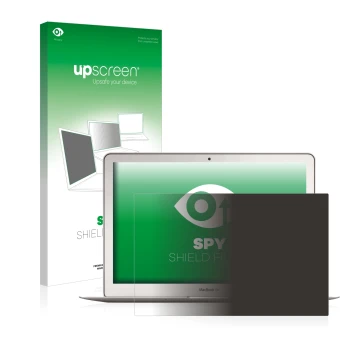 Face avant d’un emballage produit avec le logo de la marque upscreen. À côté, l’appareil Apple MacBook Air 13