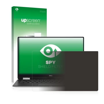 Face avant d’un emballage produit avec le logo de la marque upscreen. À côté, l’appareil Dell XPS 13 9365 2-in-1 est représent