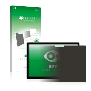 Face avant d’un emballage produit avec le logo de la marque upscreen. À côté, l’appareil Microsoft Surface Book 2 13.5