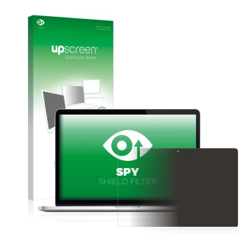 Face avant d’un emballage produit avec le logo de la marque upscreen. À côté, l’appareil Apple MacBook Pro Retina 15