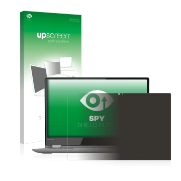 Face avant d’un emballage produit avec le logo de la marque upscreen. À côté, l’appareil Lenovo Yoga 530 est représenté avec l