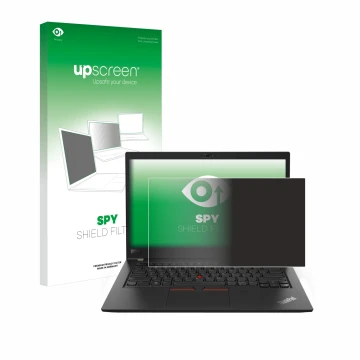 Face avant d’un emballage produit avec le logo de la marque upscreen. À côté, l’appareil Lenovo ThinkPad T480s est représenté 