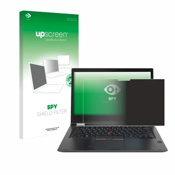 Face avant d’un emballage produit avec le logo de la marque upscreen. À côté, l’appareil Lenovo ThinkPad Yoga X380 est représe