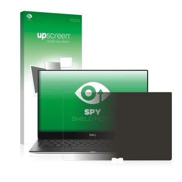 Face avant d’un emballage produit avec le logo de la marque upscreen. À côté, l’appareil Dell XPS 13 9370 est représenté avec 