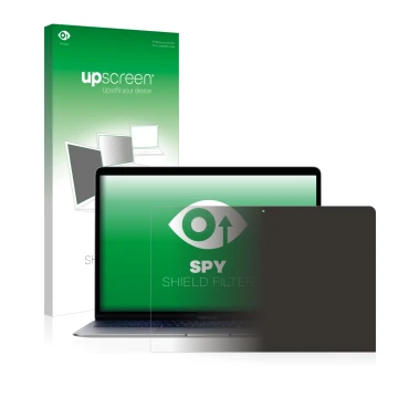 Face avant d’un emballage produit avec le logo de la marque upscreen. À côté, l’appareil Apple MacBook Air 13