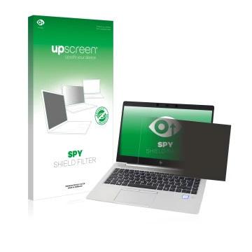 Face avant d’un emballage produit avec le logo de la marque upscreen. À côté, l’appareil HP EliteBook 830 G5 Non-Touch est rep