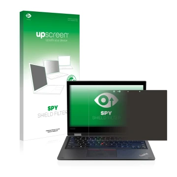 Face avant d’un emballage produit avec le logo de la marque upscreen. À côté, l’appareil Lenovo ThinkPad L390 Yoga est représe