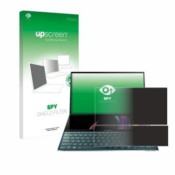 Face avant d’un emballage produit avec le logo de la marque upscreen. À côté, l’appareil ASUS ZenBook Duo UX481FL est représen