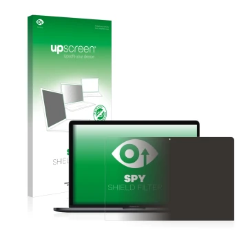 Face avant d’un emballage produit avec le logo de la marque upscreen. À côté, l’appareil Apple MacBook Pro 15