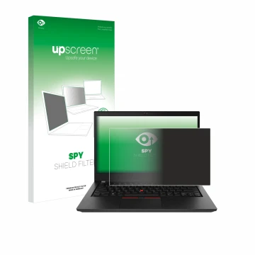 Face avant d’un emballage produit avec le logo de la marque upscreen. À côté, l’appareil Lenovo ThinkPad T490 Non-Touch est re