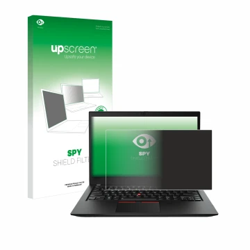 Face avant d’un emballage produit avec le logo de la marque upscreen. À côté, l’appareil Lenovo ThinkPad T490s est représenté 