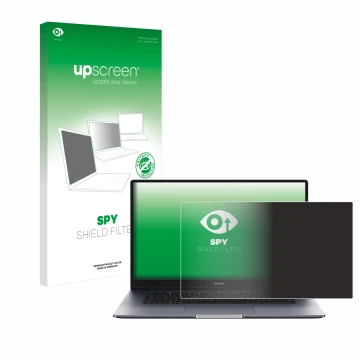 Face avant d’un emballage produit avec le logo de la marque upscreen. À côté, l’appareil Honor MagicBook 15