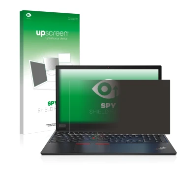 Face avant d’un emballage produit avec le logo de la marque upscreen. À côté, l’appareil Lenovo ThinkPad E14 Gen 2 est représe