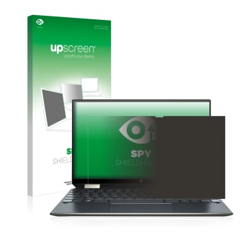 Face avant d’un emballage produit avec le logo de la marque upscreen. À côté, l’appareil HP Spectre x360 13-aw0000ns est repré
