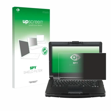 Face avant d’un emballage produit avec le logo de la marque upscreen. À côté, l’appareil Panasonic Toughbook FZ-55 Touch est r
