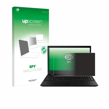 Face avant d’un emballage produit avec le logo de la marque upscreen. À côté, l’appareil Lenovo ThinkPad T590 Non-Touch est re