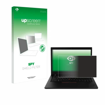 Face avant d’un emballage produit avec le logo de la marque upscreen. À côté, l’appareil Lenovo ThinkPad L490 est représenté a