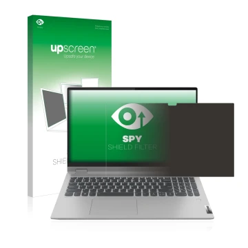 Face avant d’un emballage produit avec le logo de la marque upscreen. À côté, l’appareil Lenovo IdeaPad Flex 5 15