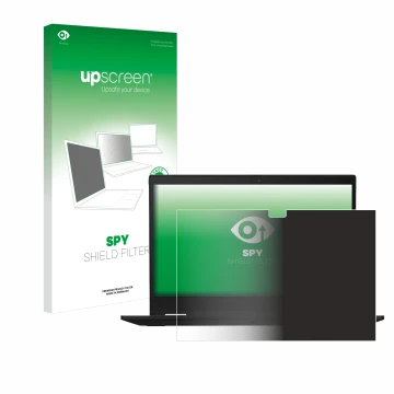 Face avant d’un emballage produit avec le logo de la marque upscreen. À côté, l’appareil Lenovo ThinkPad X13 Yoga Gen 1 est re