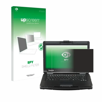 Face avant d’un emballage produit avec le logo de la marque upscreen. À côté, l’appareil Panasonic Toughbook FZ-55 Full HD est