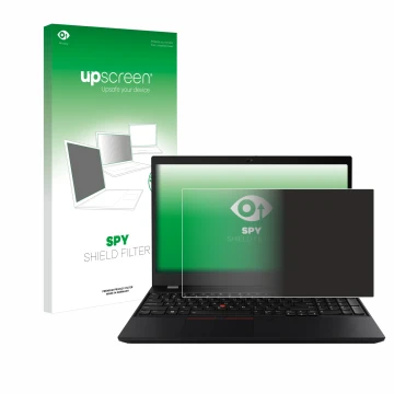 Face avant d’un emballage produit avec le logo de la marque upscreen. À côté, l’appareil Lenovo ThinkPad T15 est représenté av