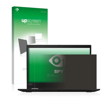 Face avant d’un emballage produit avec le logo de la marque upscreen. À côté, l’appareil Lenovo ThinkPad X13 Gen 1 est représe