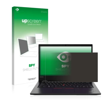 Face avant d’un emballage produit avec le logo de la marque upscreen. À côté, l’appareil Lenovo ThinkPad L13 Gen 2 est représe
