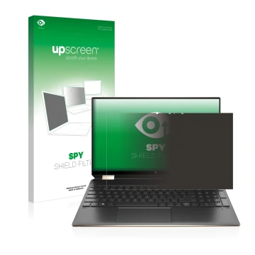 Face avant d’un emballage produit avec le logo de la marque upscreen. À côté, l’appareil HP Spectre x360 (15-eb) (359.9 mm x 2