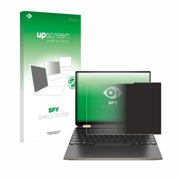 Face avant d’un emballage produit avec le logo de la marque upscreen. À côté, l’appareil HP Spectre x360 (14-eX) 2021 est repr