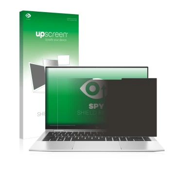 Face avant d’un emballage produit avec le logo de la marque upscreen. À côté, l’appareil HP Elitebook x360 1040 G7 est représe