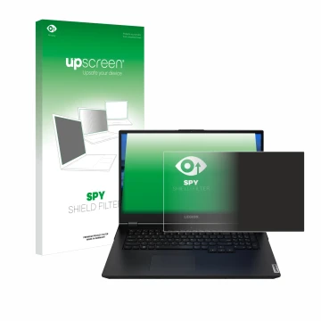 Face avant d’un emballage produit avec le logo de la marque upscreen. À côté, l’appareil Lenovo Legion 5 15.6