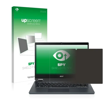 Face avant d’un emballage produit avec le logo de la marque upscreen. À côté, l’appareil Acer TravelMate Spin P4 14