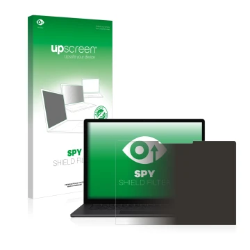 Face avant d’un emballage produit avec le logo de la marque upscreen. À côté, l’appareil Microsoft Surface Laptop 4 15